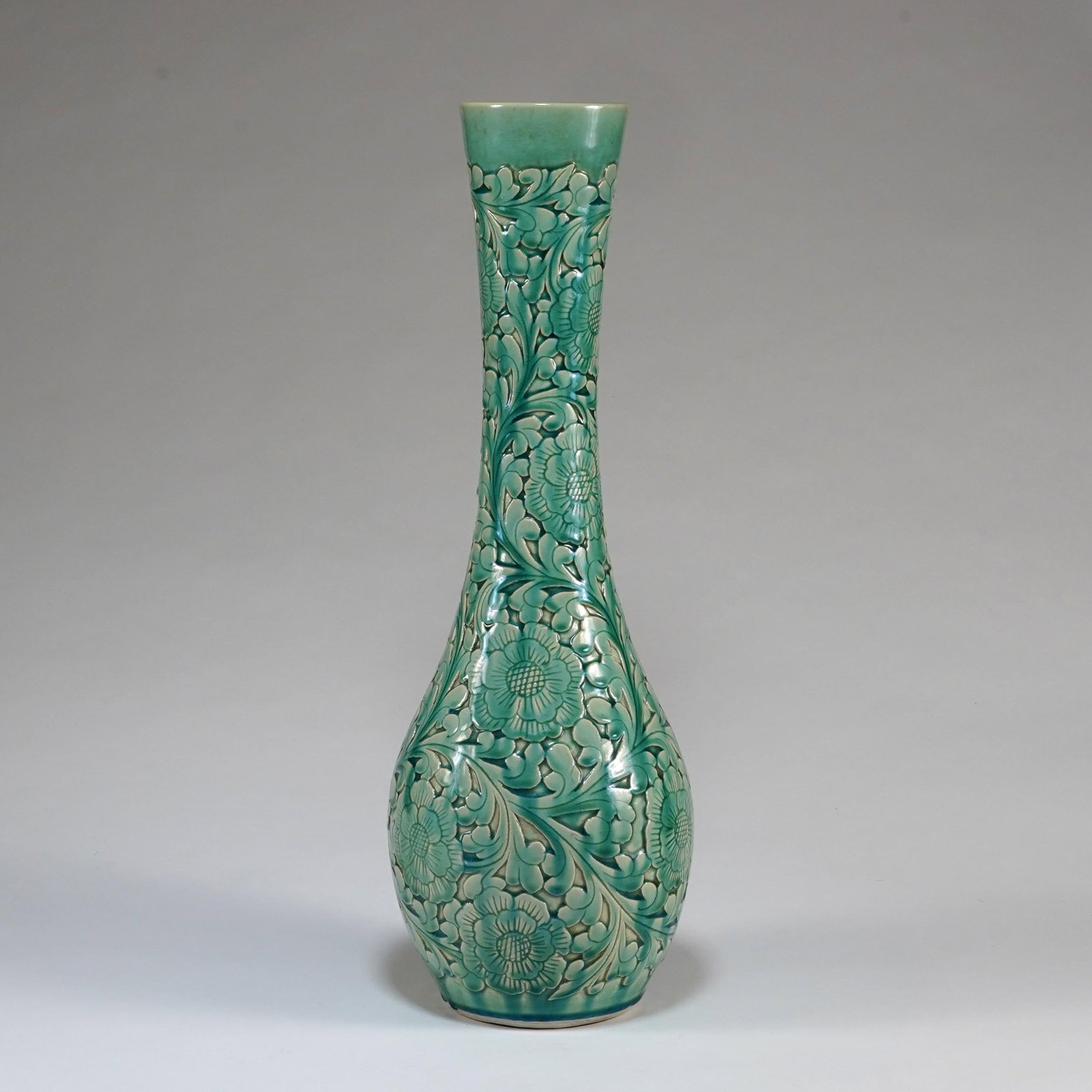 Carved Turquoise-Glazed Ceramic Vase (1 of 3)