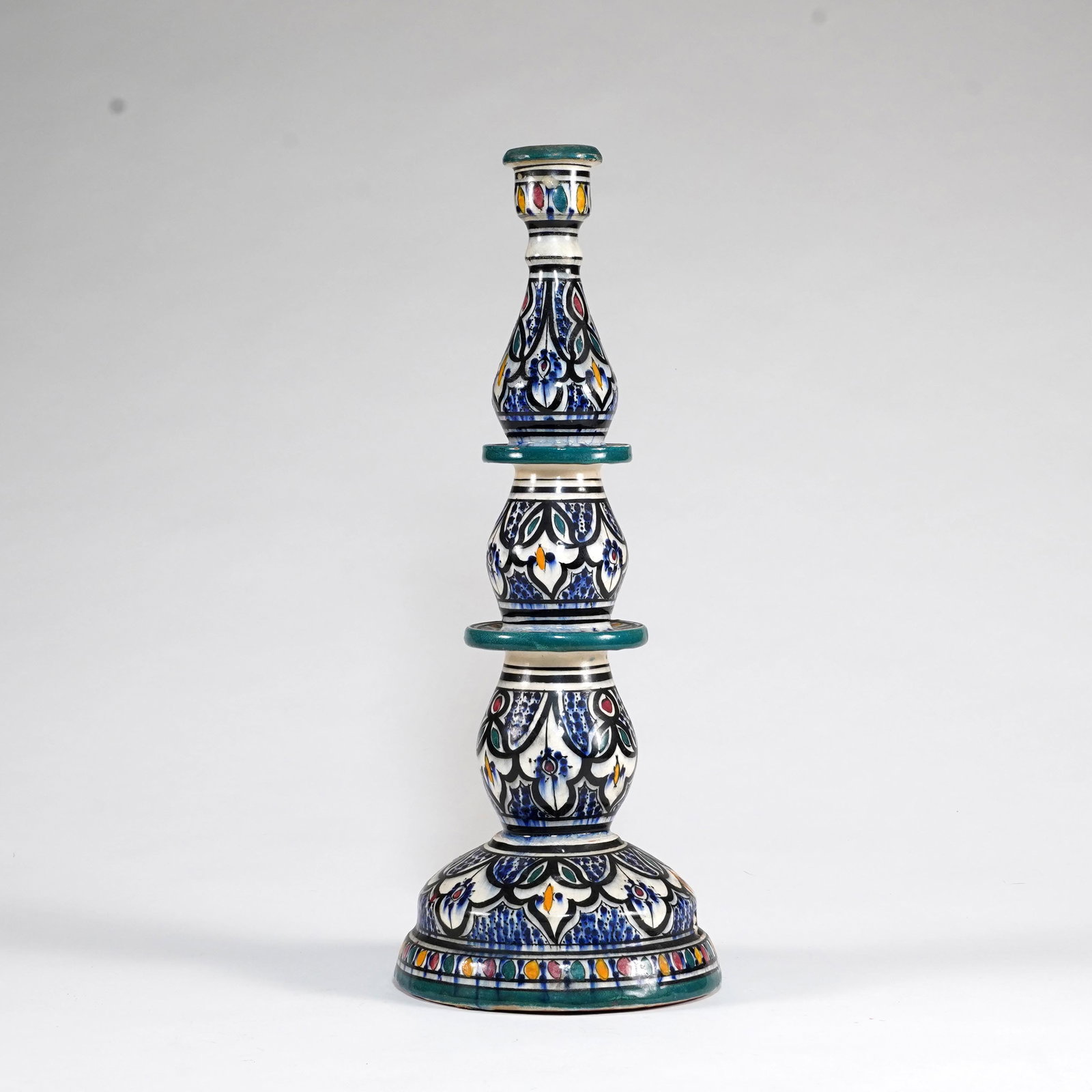 Moroccan Polychrome Glazed Ceramic Candlestick Signed SAFI (1 of 3)
