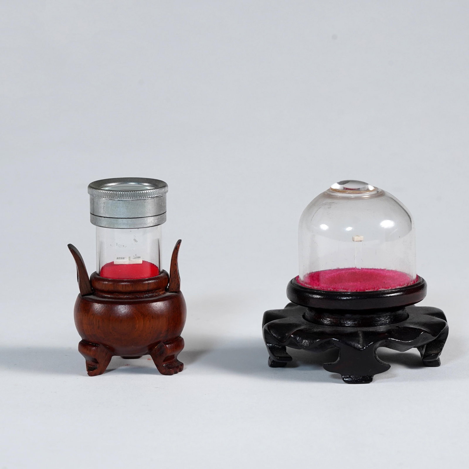 Group of Two Miniature Micro-Writing Viewer Display Objects: Two miniature micro-calligraphy/micro-writing viewer display pieces, with tiny inscribed specimens visible through magnifying lenses, on wooden display stands with red felt interiors. Size for 1 : H: