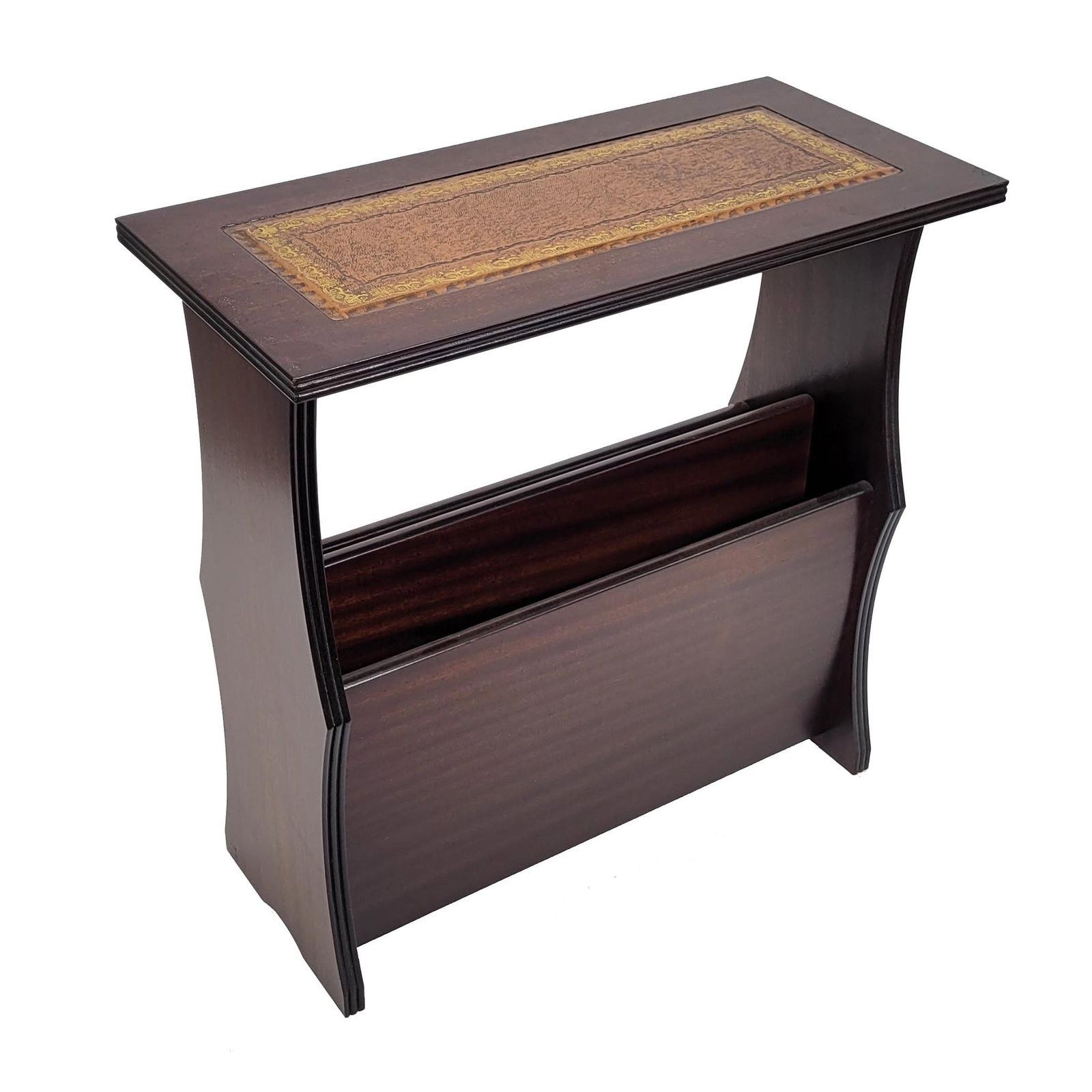 Mahogany Canterbury Magazine Stand: Mahogany canterbury or magazine stand with rectangular top inset with tooled leather panel, molded edges, shaped side supports, and divided lower rack for books, magazines, or papers. Dark polished fi