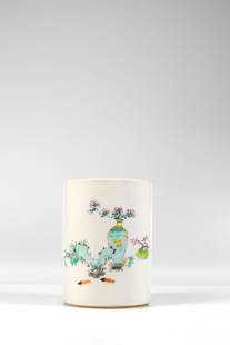 BRUSH POT: Porcelain China Dimensions: Height 13 cm Wide 10 cm Depth 10 cm Weight: 537 grams A white porcelain brush pot showing a still life painting of vases with flowers and a bonsai plant, two feathers