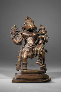 VARAHA WITH CONSORT: Bronze with Silver eyes India , 18th century Dimensions: Height 28,5 cm Wide 18 cm Depth 15 cm Weight: 3.831 grams Varaha is one of the ten incarnations of Vishnu. It tells the story of Vishnu turning