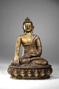 SEATED BUDDHA: Bronze China / Tibet , 19th century Dimensions: Height 33 cm Wide 22 cm Depth 15 cm Weight: 5.433 grams Buddha seated on a reverse lotus base with beaded rim in meditative pose showing the