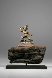 VAJRAPANI ON WOOD BASE: Bronze China / Tibet , 12th century Dimensions: Vajrapani: 8,5 by 6,5 cm Wood Base 7 x 15 cm Weight total: 903 grams Vajrapani standing in wide stance stepping to the