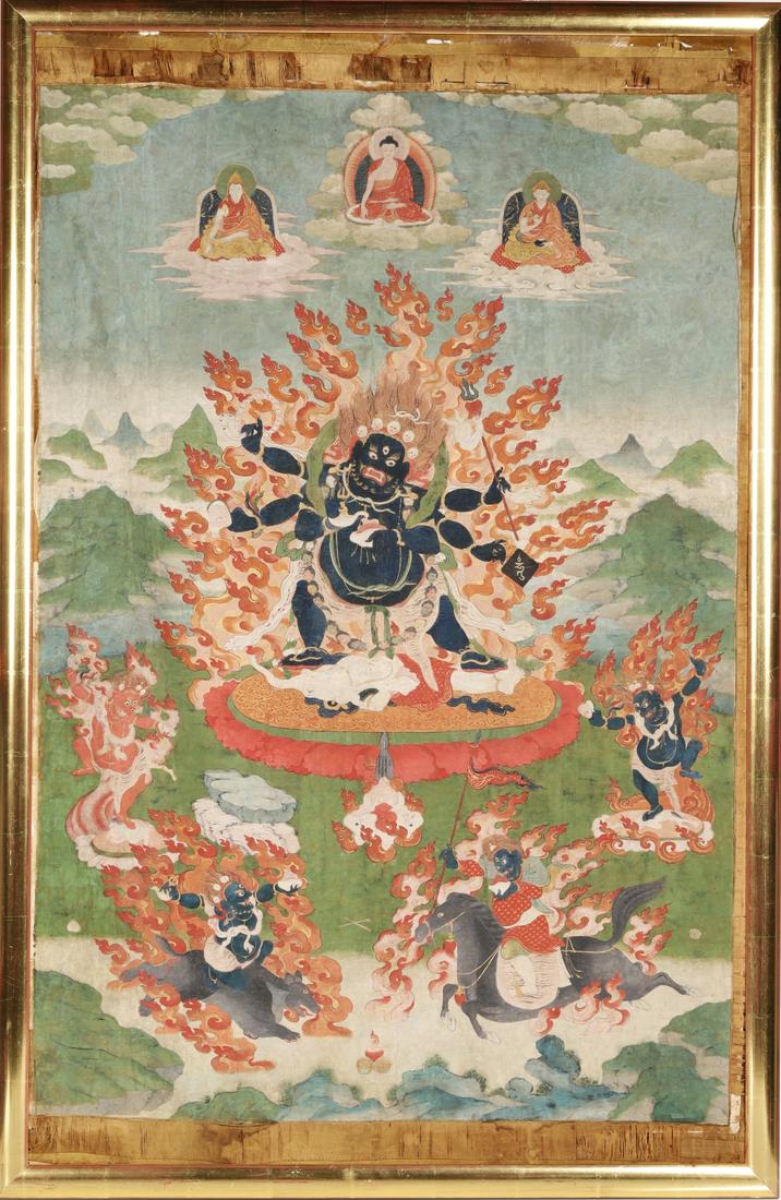 THANGKA DEPICTING MAHAKALA: painted China / Tibet , 18th century Dimensions Painting: Height 108 cm by 73 cm Weight with Frame approximately: 8 Kg The Wrathful Protector Mahakala, Tantric Protective Form of Avalokiteshvara The f