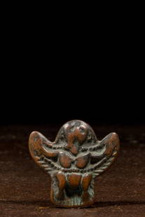 TOKCHA DEPICTING GARUDA TIBET 13TH CENTURY: Dimensions: Height 4,6 cm Wide 4,8 cm Depth 1 cm Weight: 35 grams A powerful and compact tokcha (Tibetan: thog lcags) depicting Garu?a, the mythic bird-being revered across Himalayan Buddhist and Bon