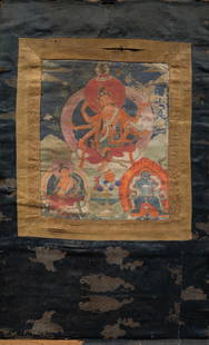 THANGKA DEPICTING VASUDHARA TIBET 18TH TO 19TH CENTURY: Dimensions: Height 28 cm Wide 23 cm Depth 0,1 cm without frame Weight: 210 grams This finely painted Tibetan thangka portrays a multi-armed deity, possibly Vasudhara. The central figure is depicted se
