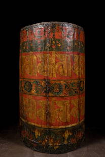 LARGE TEMPLE PRAYER WHEEL TIBET WOOD WITH LEATHER PAINTED TIBET 18TH CENTURY: Dimensions: Height 85 cm Wide 52 cm Depth 52 cm Weight: 15 KG ??? Cylindrical large red Prayer Wheel beautifully decorated in red and gold. The intricate details and spiritual significance of the whee