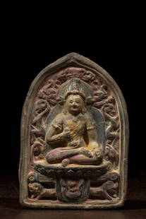 CLAY TSA TSA DEPICTING VAJRASATTVA BUDDHA TIBET 18TH CENTURY WITH IMPORTANT SEAL ATTHE BACK: Dimensions: Height 15 cm Wide 10 cm Depth 2,5 cm Weight: 348 grams Tibetan tsa tsa portrays Vajrasattva, the embodiment of purification in Vajrayana Buddhism on a lotus pedestal. The deity?s right han