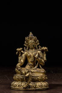 SEATED GILT BRONZE TARA TIBET 15TH CENTURY: Dimensions : Height 12,1 cm Wide 8 cm Depth 7,5 cm Weight: 462 grams Gracefully cast and richly gilded, the goddess Tara is portrayed seated in lalitasana, the posture of royal ease, upon a double-lot