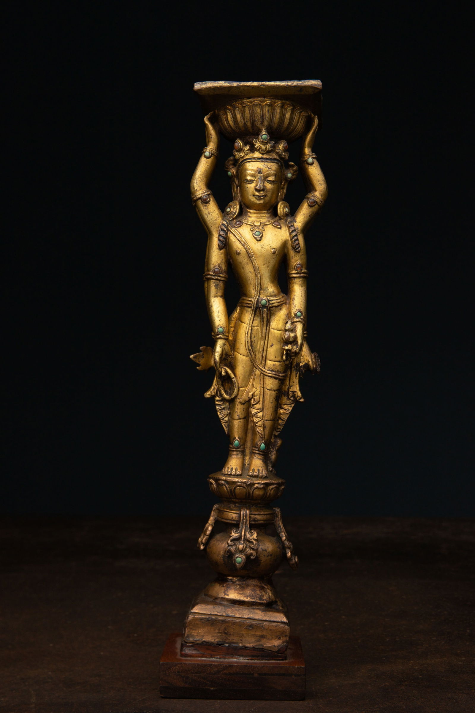 A GILT-BRONZE DOUBLE-SIDED OFFERING GODDESS FROM A DENSATIL MONASTERY PILLAR TIBET 14TH CENTURY (1 of 10)