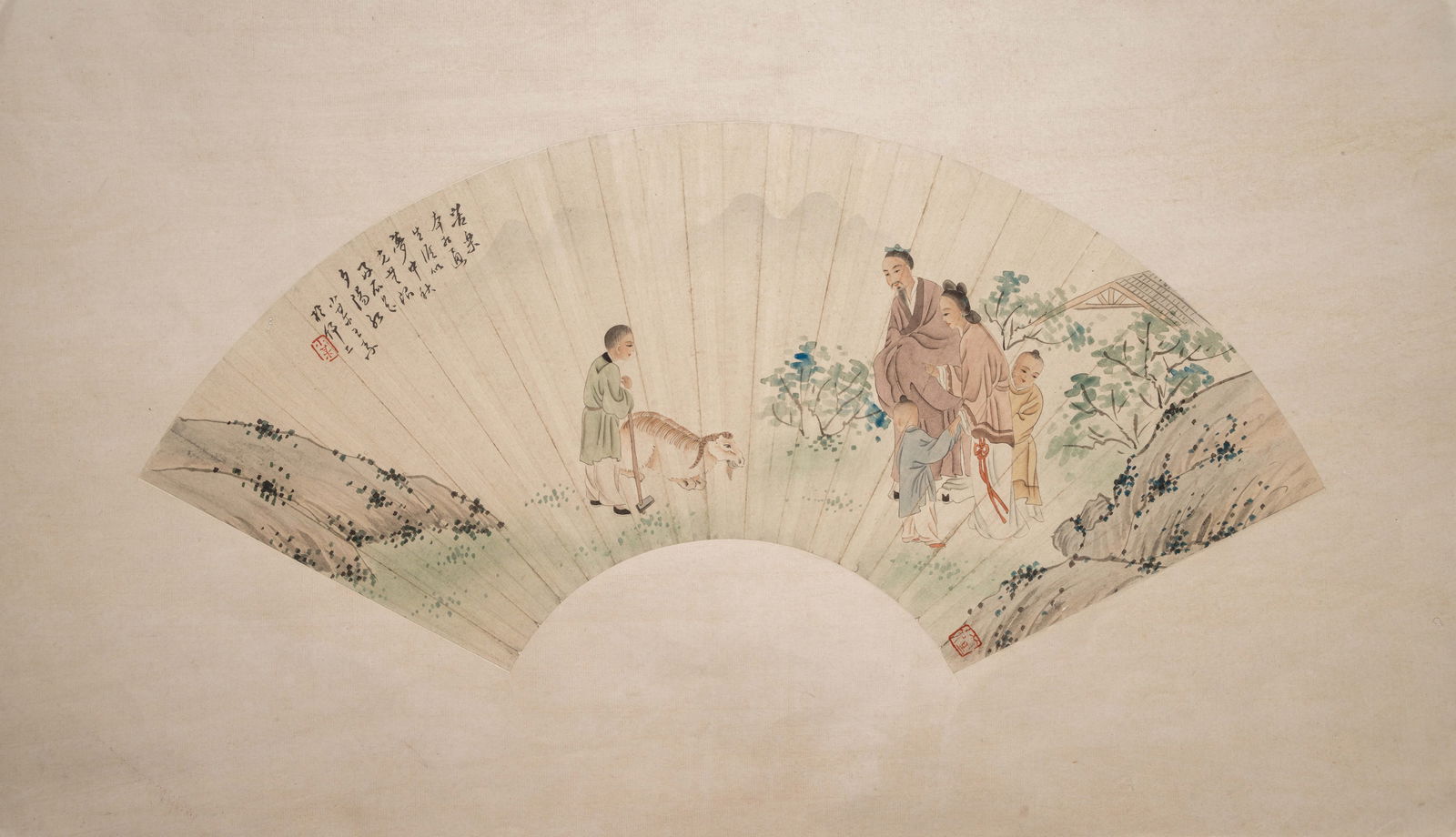 A CHINESE FAN PAINTING OF A FAMILY SCENE CHINA QING DYNASTY (1 of 4)