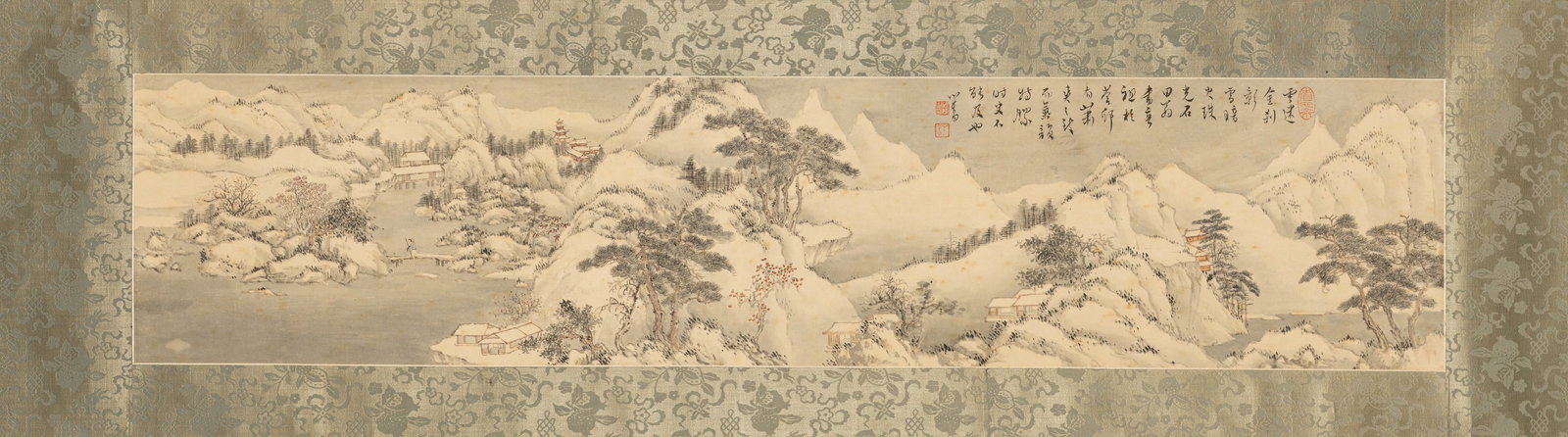 A PAINTING DEPICTING SNOWY MOUNTAINS WITH PAVILIONS AND PINES - PU RU (1896-1963), CHINA: Dimensions: 94 cm x 21 cm Ink and light colour on silk, horizontal handscroll. The composition presents an expansive winter landscape with softly contoured, snow-laden mountains interspersed with rive