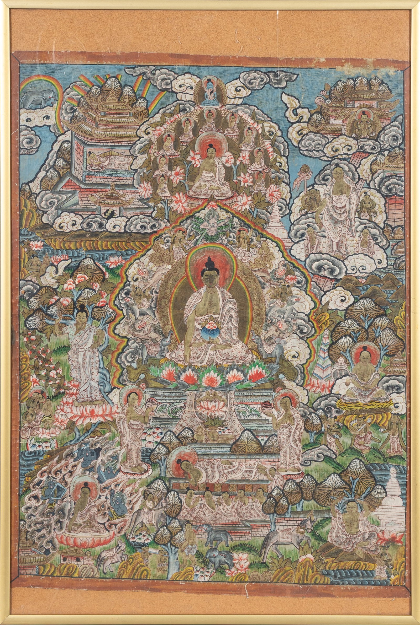 (R) A 20TH CENTURY THANGKA DEPICTING SCENES OF BUDDHAS LIFE, NEPAL OR TIBET (1 of 2)