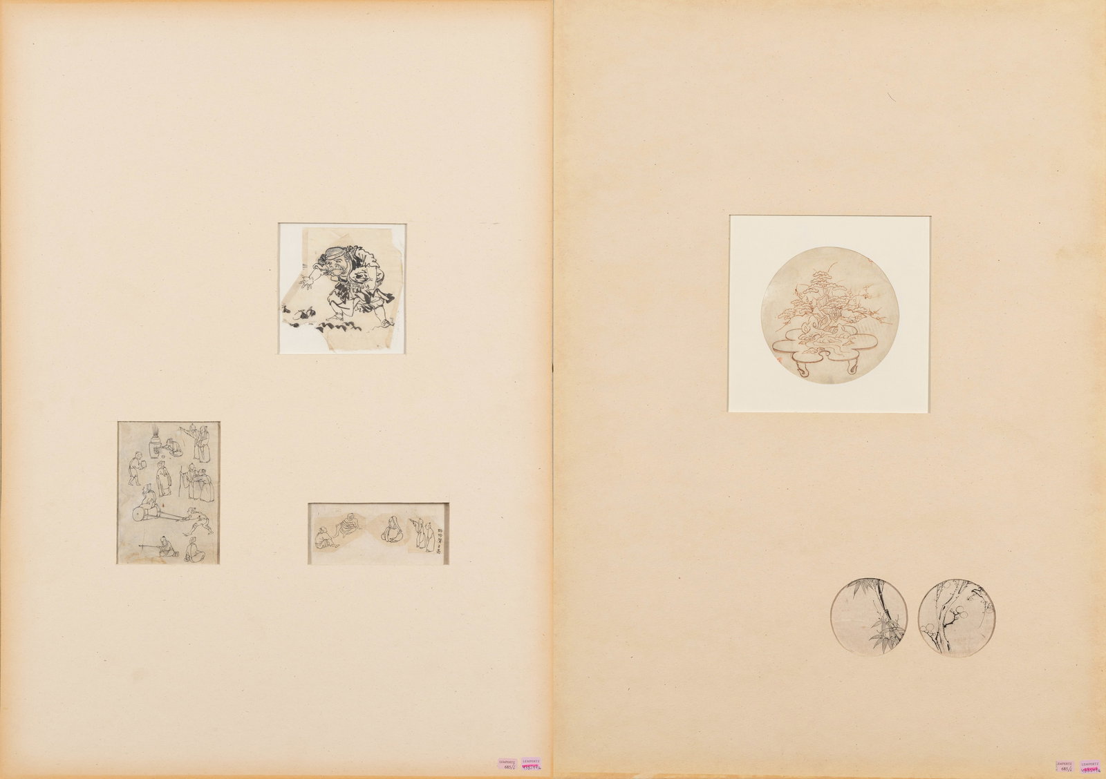 (R) TWO PAGES WITH JAPANESE INK SKETCHES, EDO PERIOD (1 of 3)