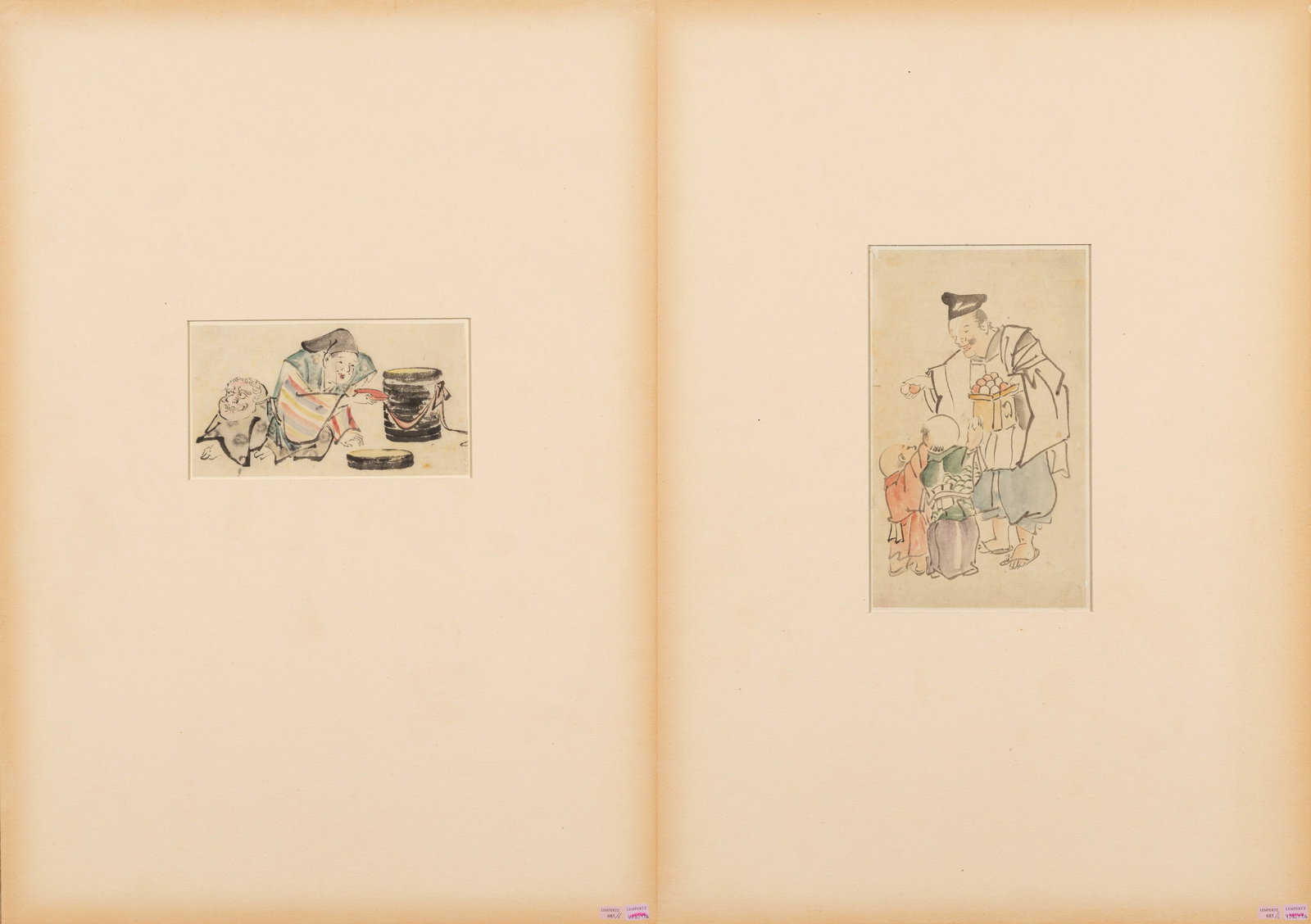(R) TWO JAPANESE DRWAINGS: Left DRAWING Description A lively genre scene rendered in loose ink outlines with light hand-applied colour. A smiling male figure in traditional dress leans forward, offering a shallow red bowl or