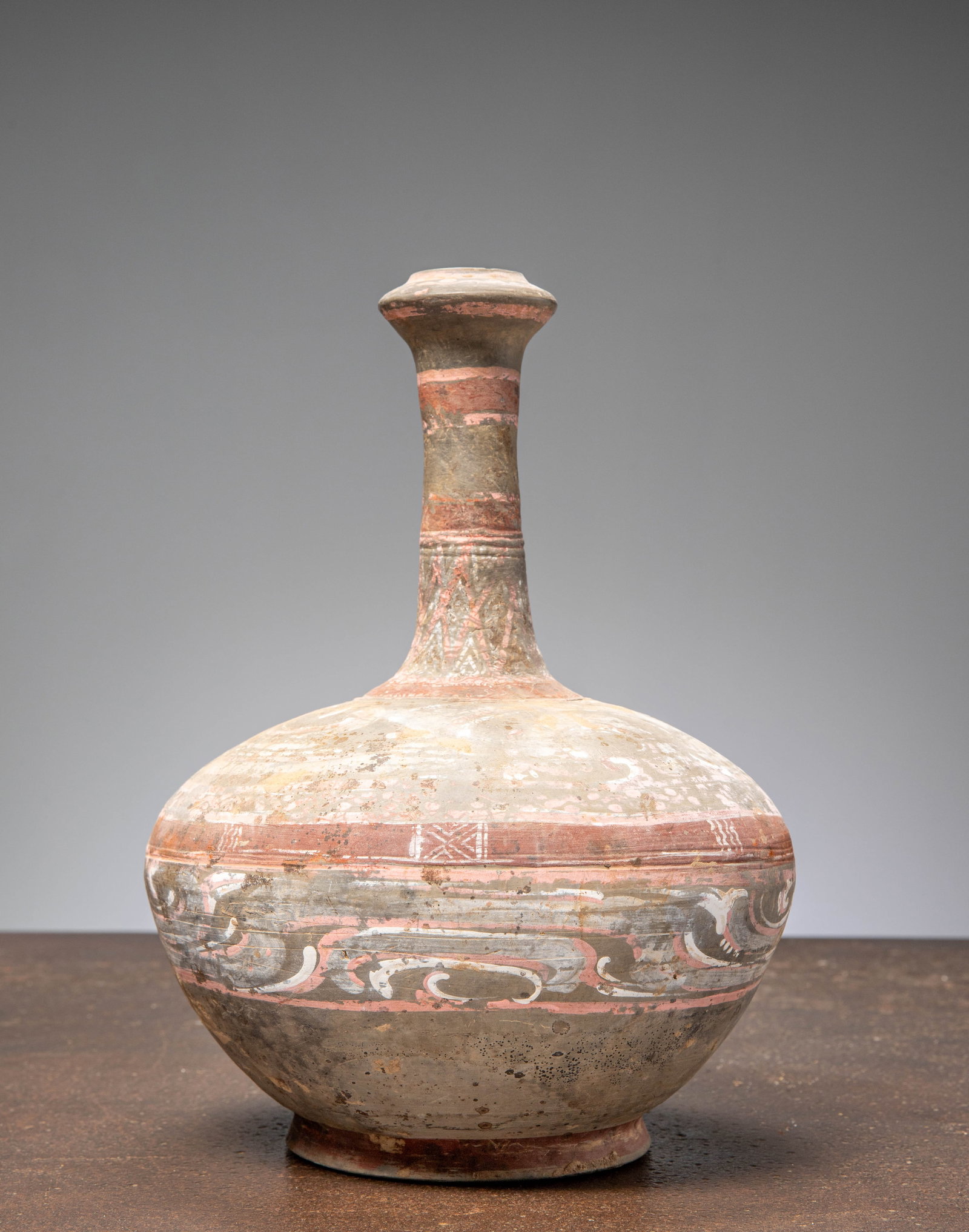 (R) A CHINESE POTTERY TOMB VASE, PAINTED EARTHENWARE, HAN DYNASTY (206 BC–220 AD) (1 of 5)