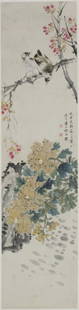 A CHINESE SCROLL PAINTING OF FIGURAL MOTIF, AFTER HE: The vertical scroll Chinese painting depicting chrysanthemum blossom with two birds perched on the tree brand, ink and color on paper, signed with a red seal, attributed to He Weipu. 136×34cm