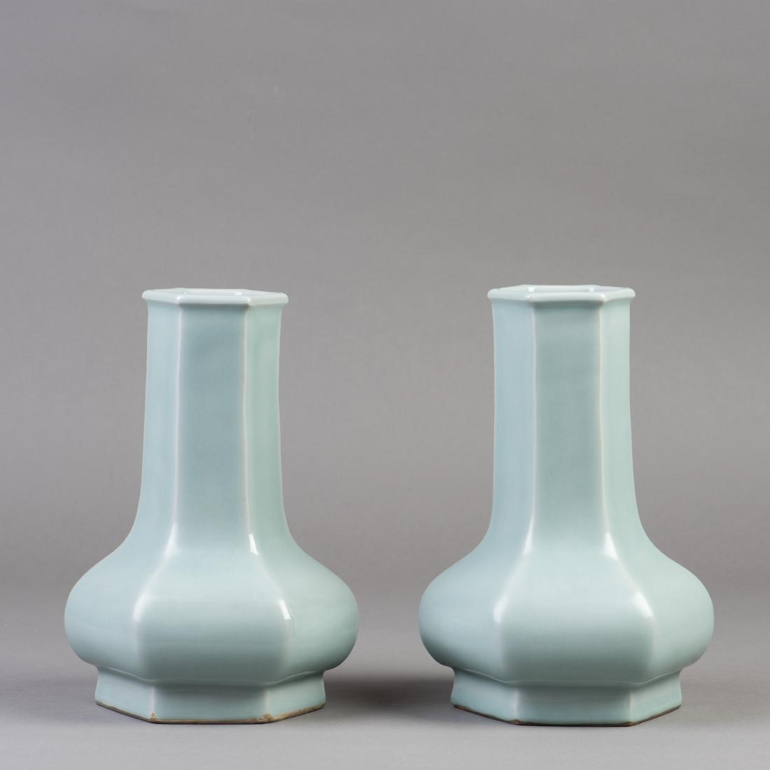 A PAIR OF HEXAGONAL CELADON PORCELAIN VASES (1 of 4)