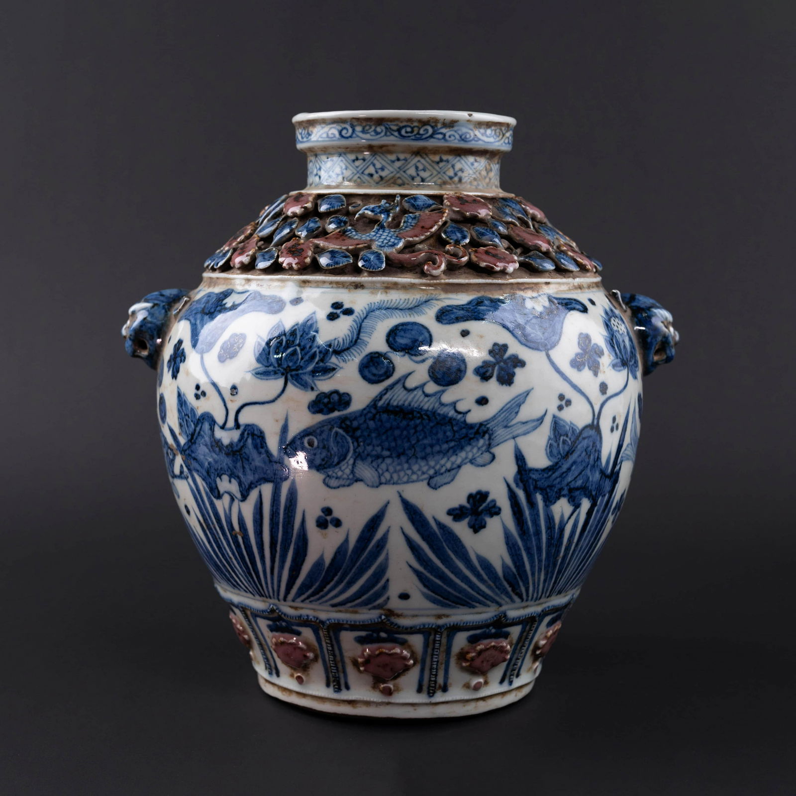 Underglaze Red Fish and Waterweed Beast Eared Zun Vase (1 of 6)