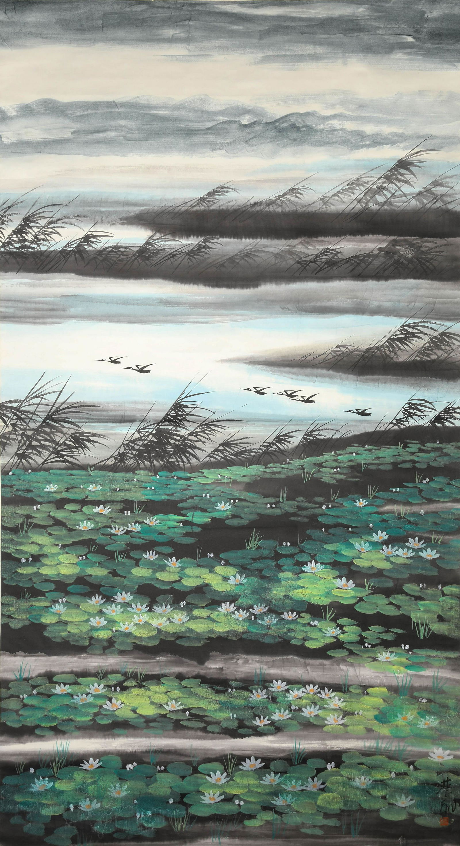 Chinese Lotus Painting Paper Scroll, Lin Fengmian Mark (1 of 8)