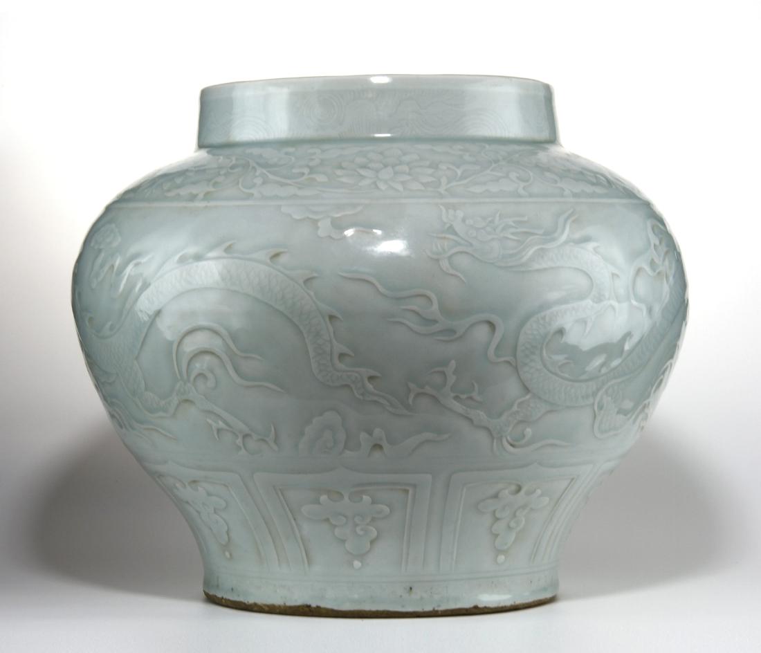 Rare Large Ying Ch'ing Carved 'Dragon' Jar, Yuan (1 of 11)