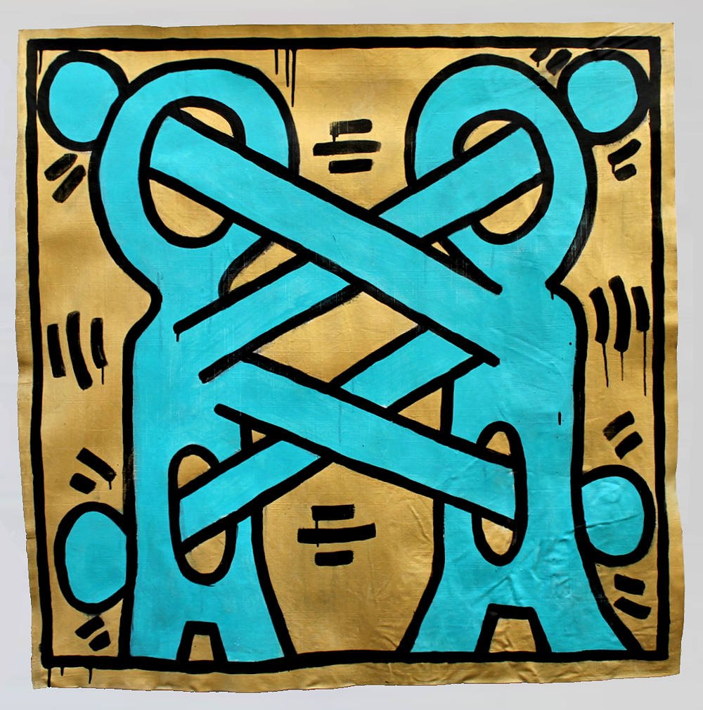 Keith Haring Painting Drawing on Canvas: Keith Haring (1958-1990). Magnificent large size painting on canvas actual measures 38-1/2 x 38-1/2 Inches. Painting is good condition with beautiful and still vivid colors. Background is gold color.D