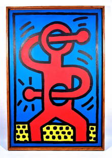 KEITH HARING / Painting / Drawing on linen canvas: KEITH HARING(1958-1990)/ Large painting on canvas, acrylic on linen 24x36 Inches .In a custom wood oak frame. Size with frame 25-1/25 x37-1/2 x 2-1/2 Inches. Painting is in solid state and overall wel