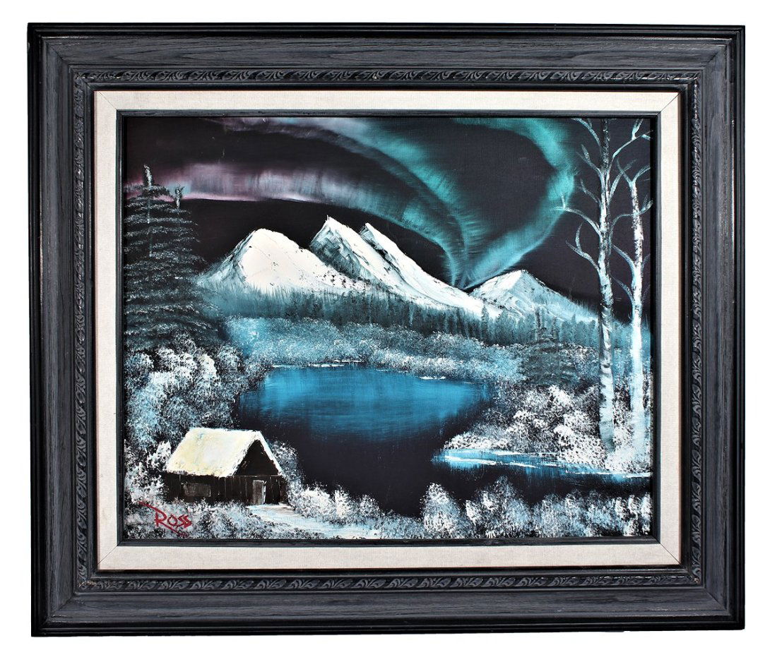 BOB ROSS / Northern Lights Oil on Canvas Panting COA / manner of: BOB ROSS / Northern Lights Oil on Canvas Panting .Size is 23 x 27 Inch with the frame and 20 x 16 without the frame.Fair condition some yellowing of the paint due to age.The item comes with a COA plea