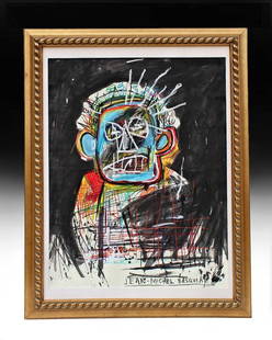 JEAN-MICHEL BASQUIAT (1960-1988) Style of / Drawing Hand Impressed & Dedicated / Warhol , Haring: Large , expressive ink and mix mix media drawing on a handmade paper. The art measures 25x33 Inches with the frame and 20x26 Inches without it, signed and dedicated on the verso : To : D.Claire