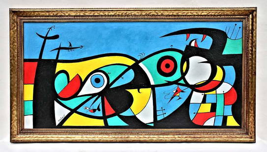 JOAN MIRO (1893-1983) Style of / Large Painting On Canvas / Matisse , Picasso , Braque: LARGE MIX MEDIA PAINTING ON LINEN The art measures 54 x 29-1/2 Inches with the frame and 23-1/2 x 47-1/2 Inches without out it. Item is in great condition with normal aging signs. Joan Miro's impact