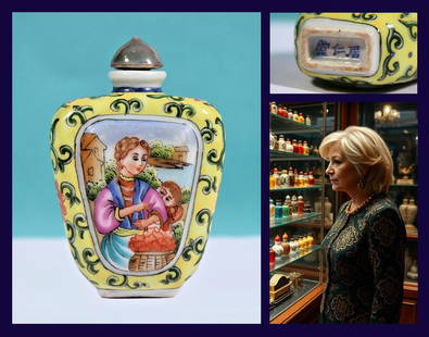 ANTIQUE SNUFF BOTTLE / HAND PAINTED PORCELAIN REPUBLIC OF CHINA FAMILLE VERTE: RARE FAMILLE VERTE 2-1/2" Inch Hand Painted Porcelain Export Snuff Bottle. In excellent condition and a masterpiece of Chinese applied arts. The bottle features magnificent craftsmanship, lively color