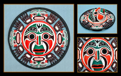 NATIVE AMERICAN NUXALK NATION WOOD SUN MASK / NORTHWEST COAST / BELLA COOLA: The lot features an iconic and very beautiful 24" x 24 x 8" Inch Authentic Native American Nuxalk Nation wood Sun Mask.It depicts Alhkw’ntam, the Creator surrounded by his four carpenters.These mask