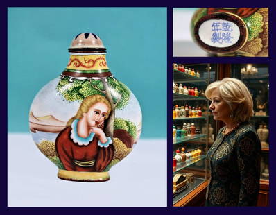 ANTIQUE SNUFF BOTTLE  /  HAND PAINTED COPPER ENAMEL  REPUBLIC OF CHINA FAMILLE VERTE: RARE CHINESE REPUBLIC PERIOD 2.5" Inch Hand Painted Copper Enamel Export Snuff Bottle. In excellent condition and a masterpiece of Chinese applied arts. The bottle features magnificent craftsmanship,