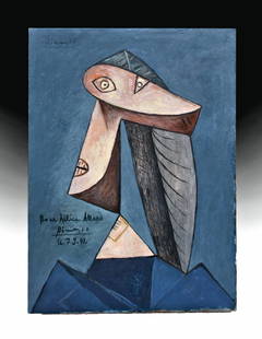 PABLO PICASSO (1893-1983)  / Oil Painting On Canvas / Matisse , Miro , Braque Era: PABLO PICASSO (1893-1983)/ 1942 OIL ON CANVAS PAINTING The art measures 16-1/2 x 12 Inches in very condition. A magnificent cubist portrait of a woman in complimentary blue and warm colors. Signed "Pi