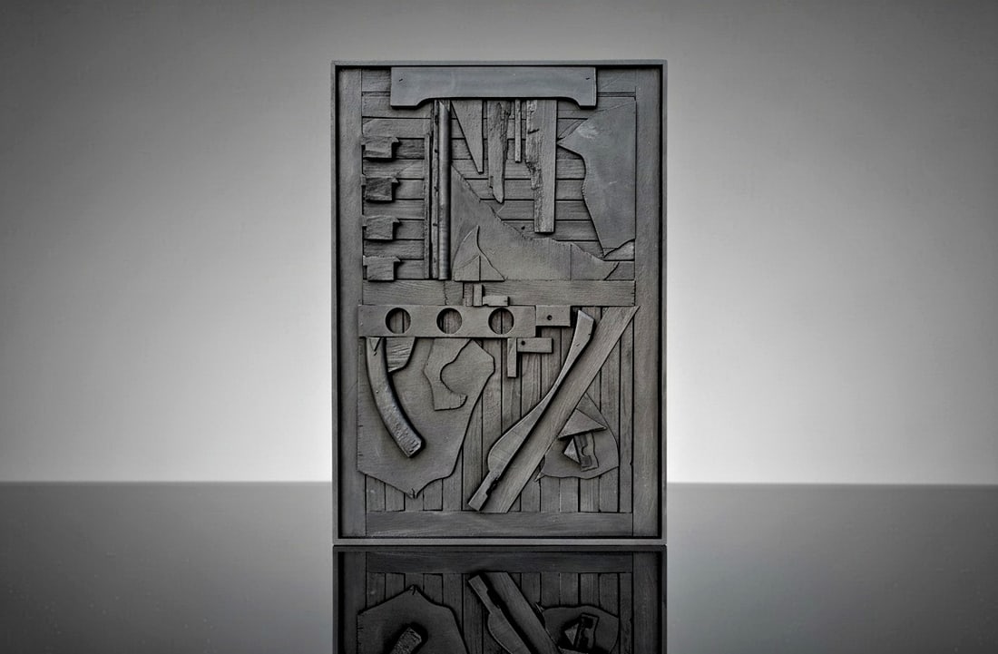 EXQUISITE SCULPTURE COA / LOUISE NEVESLON (1899-1988) / WOOD RELIEF / MODERN ART / AFTER: MASTERFUL WOOD SCULPTURE, ASSEMBLAGE measuring 34 x 24 x 2 Inches. Nevelson's signature engraved on the verso and dated 1980.The sculpture is in very good condition. Some usual small nicks due to age,