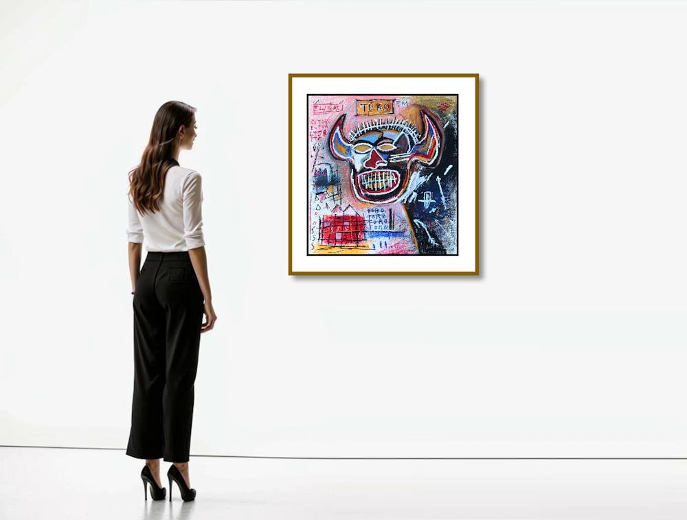 JEAN-MICHEL BASQUIAT (1960-1988) COA Important Large Painting Drawing / Pop Art / Haring Warhol Era: COA / An important mix media drawing on paper, measuring 22-1/4 x 21 Inches. The item features a human size horned head.Most likely one of his caricatured self portraits as an "urban savage".Urban sce