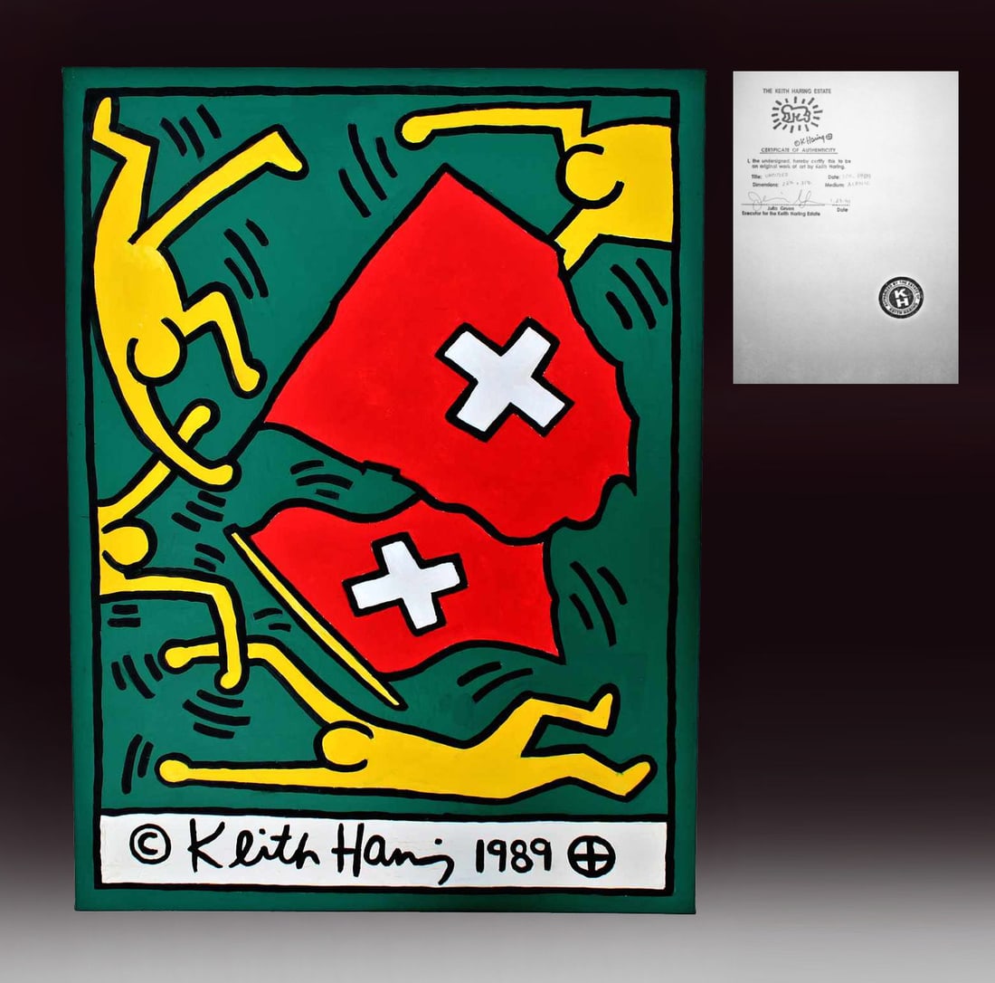 KEITH HARING (1958-1990) / COA / Painting Swiss Flag / Schweizer Flagge / Drapeau Suisse: The lot consist of hand painted canvas measuring 23-1/2 x 31-1/2 Inches , depicting several figures holding Swiss National Flag.It was made by Keith Haring in 1989 for a commemoration of the Swiss sta