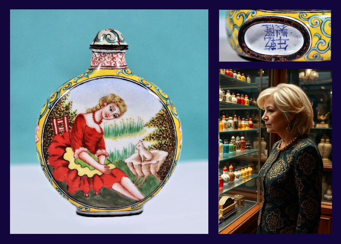 ANTIQUE SNUFF BOTTLE / HAND PAINTED COPPER ENAMEL REPUBLIC OF CHINA: RARE CIRCA 1890-1920's 3" Inch Qing /Republic of China Period / Hand Painted Copper Enamel Export Snuff Bottle. In excellent condition and a masterpiece of Chinese applied arts. The bottle features ma
