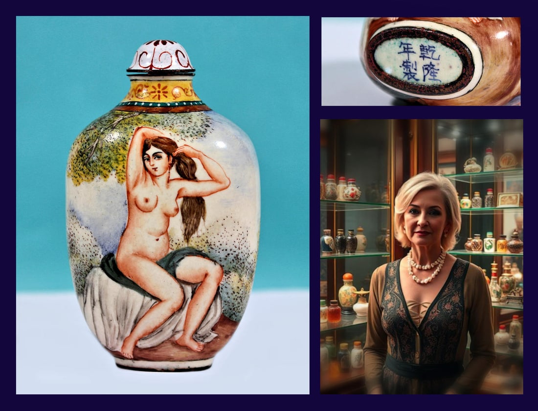 ANTIQUE SNUFF BOTTLE / HAND PAINTED COPPER ENAMEL REPUBLIC OF CHINA FAMILLE VERTE: RARE CIRCA 1890-1920's 3" Inch Qing /Republic of China Period / Hand Painted Copper Enamel Export Snuff Bottle. In excellent condition and a masterpiece of Chinese applied arts. The bottle features ma