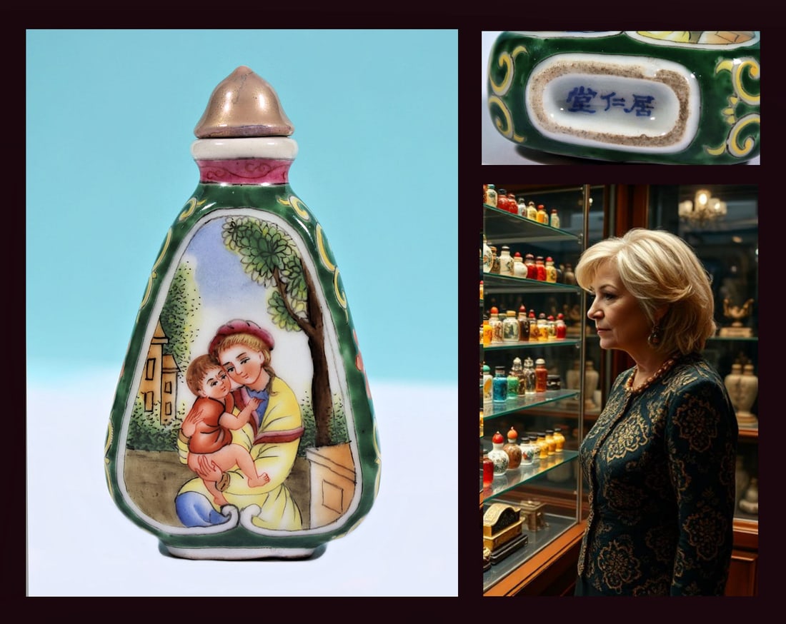 ANTIQUE SNUFF BOTTLE / HAND PAINTED PORCELAIN REPUBLIC OF CHINA FAMILLE VERTE: RARE FAMILLE VERTE 3" Inch Hand Painted Porcelain Export Snuff Bottle. In excellent condition and a masterpiece of Chinese applied arts. The bottle features magnificent craftsmanship, lively colors an