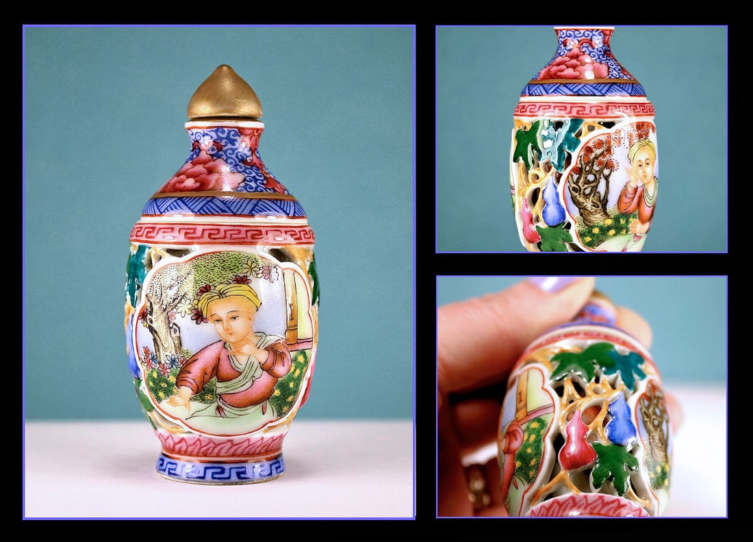 ANTIQUE SNUFF BOTTLE / HAND PAINTED DOUBLE VESSEL PORCELAIN REPUBLIC OF CHINA FAMILLE VERTE: RARE FAMILLE VERTE 3-1/4" Inch Hand Painted Porcelain Export Double Vessel Snuff Bottle. In excellent condition and a masterpiece of Chinese applied arts. The bottle features magnificent craftsmanship