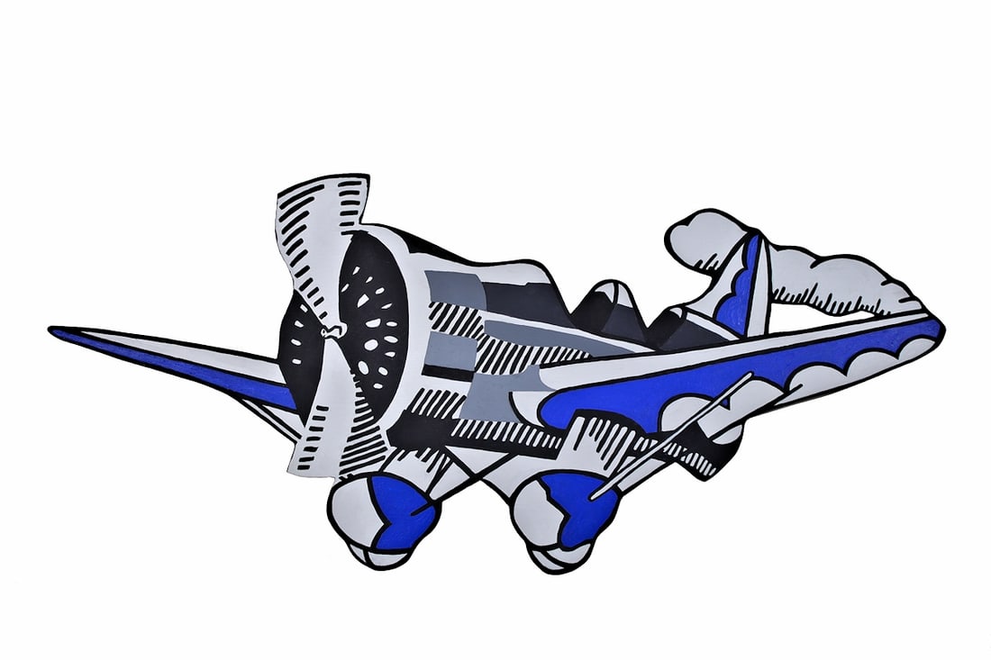 ATTRIBUTED TO ROY LICHTENSTEIN (New York, 1923-1997), Airplane., Acrylic on board, height 15.5".: ATTRIBUTED TO ROY LICHTENSTEIN(New York, 1923-1997)Airplane Signed and dated verso "Roy Lichtenstein 1978".The work is hand signed and dated 1978 just bellow the PanAm newspaper clipping adhered to th