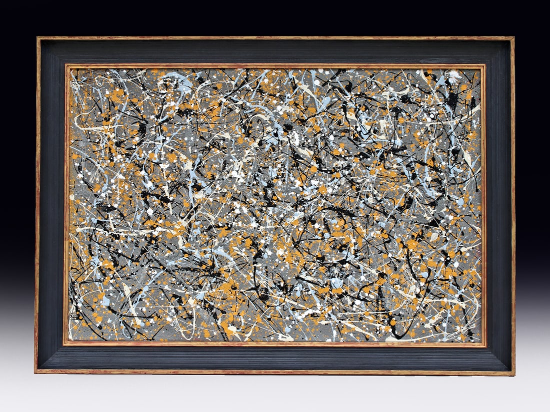 COA JACKSON POLLOCK (1912-1956) Attributed to / Lee Krasner , De Kooning , Rothko Era: Magnificent mix media abstract painting on canvas measuring 45x32 Inches with the frame and 36x24 Inches without it.Exquisitely painted this artwork features a stunning display of Jackson Pollock's fo