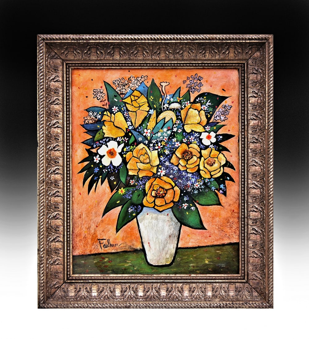 HENRY LAWRENCE FAULKNER (1924-1981) Oil painting on board , Lexington KY After Faulkner /: Henry Lawrence Faulkner (1924-1981) Very Beautiful painting on Masonite , floral explosion. It measures 29 x 24 Inch with the frame and 22 x 18 Inches without it. Signed lower left Faulkner. On revers