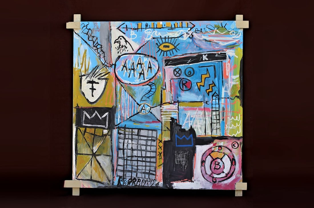 JEAN-MICHEL BASQUIAT (1960-1988) COA Important Large Painting on Canvas / Haring Warhol Era: JEAN-MICHEL BASQUIAT (1960-1988) COA beautiful mix media painting on canvas .The lot features acrylic and oil stick on a stretched canvas. The work measures 34 x 34 Inches, stretched in a typical mann