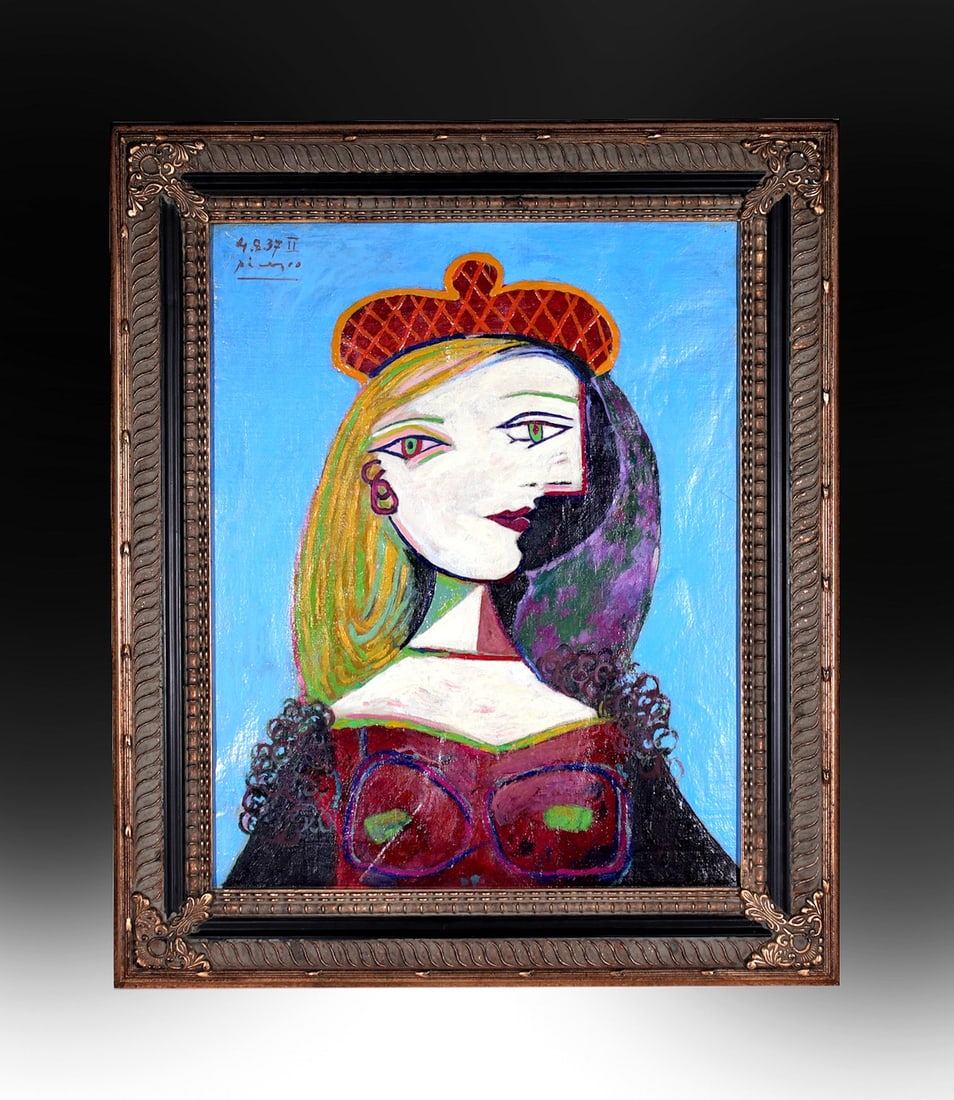 PABLO PICASSO (1893-1973) COA / OIL PAINTING ON CANVAS / Matisse, Miro, Braque Era / Picasso After: PABLO PICASSO (1893-1973)/ 4.8.1937 II OIL PAINTING ON CANVAS. The art measures 25 x 21 Inches framed and 19x 16 inches without it.In good condition. A magnificent cubist portrait of a woman ("Tete de