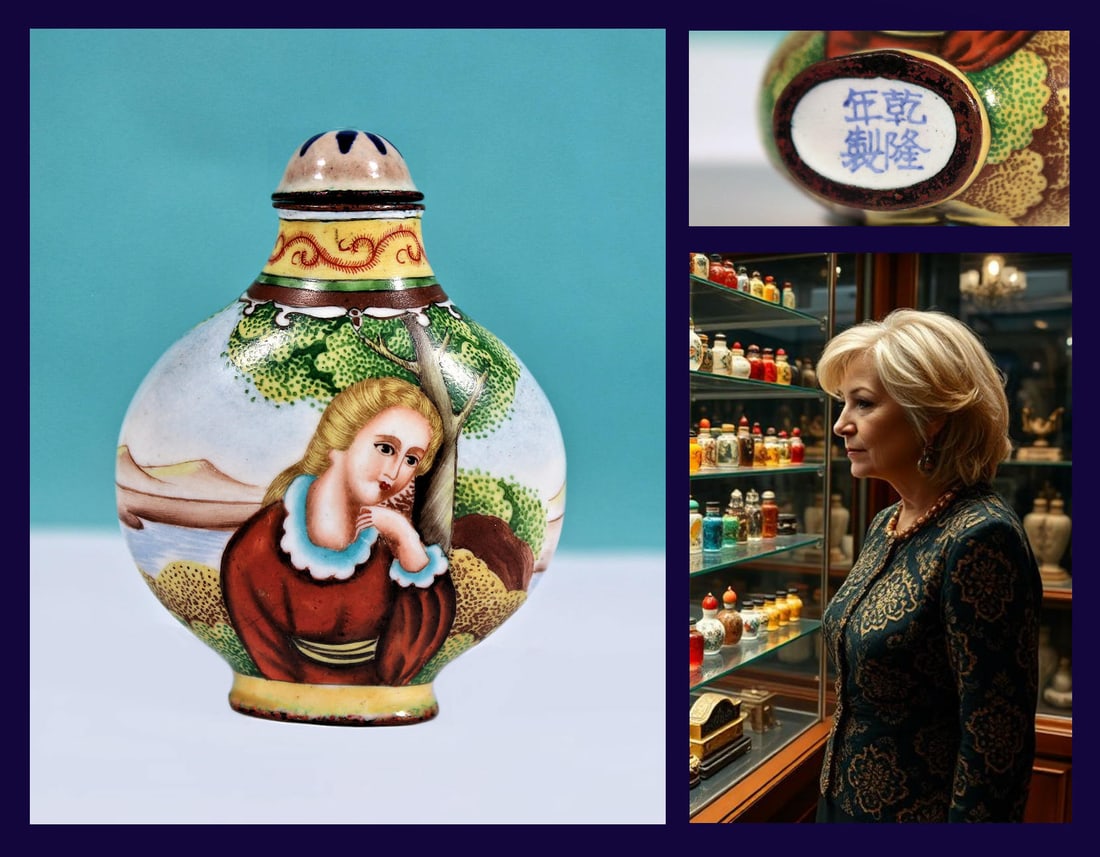ANTIQUE SNUFF BOTTLE / HAND PAINTED COPPER ENAMEL REPUBLIC OF CHINA FAMILLE VERTE: RARE CHINESE REPUBLIC PERIOD 2.5" Inch Hand Painted Copper Enamel Export Snuff Bottle. In excellent condition and a masterpiece of Chinese applied arts. The bottle features magnificent craftsmanship, 