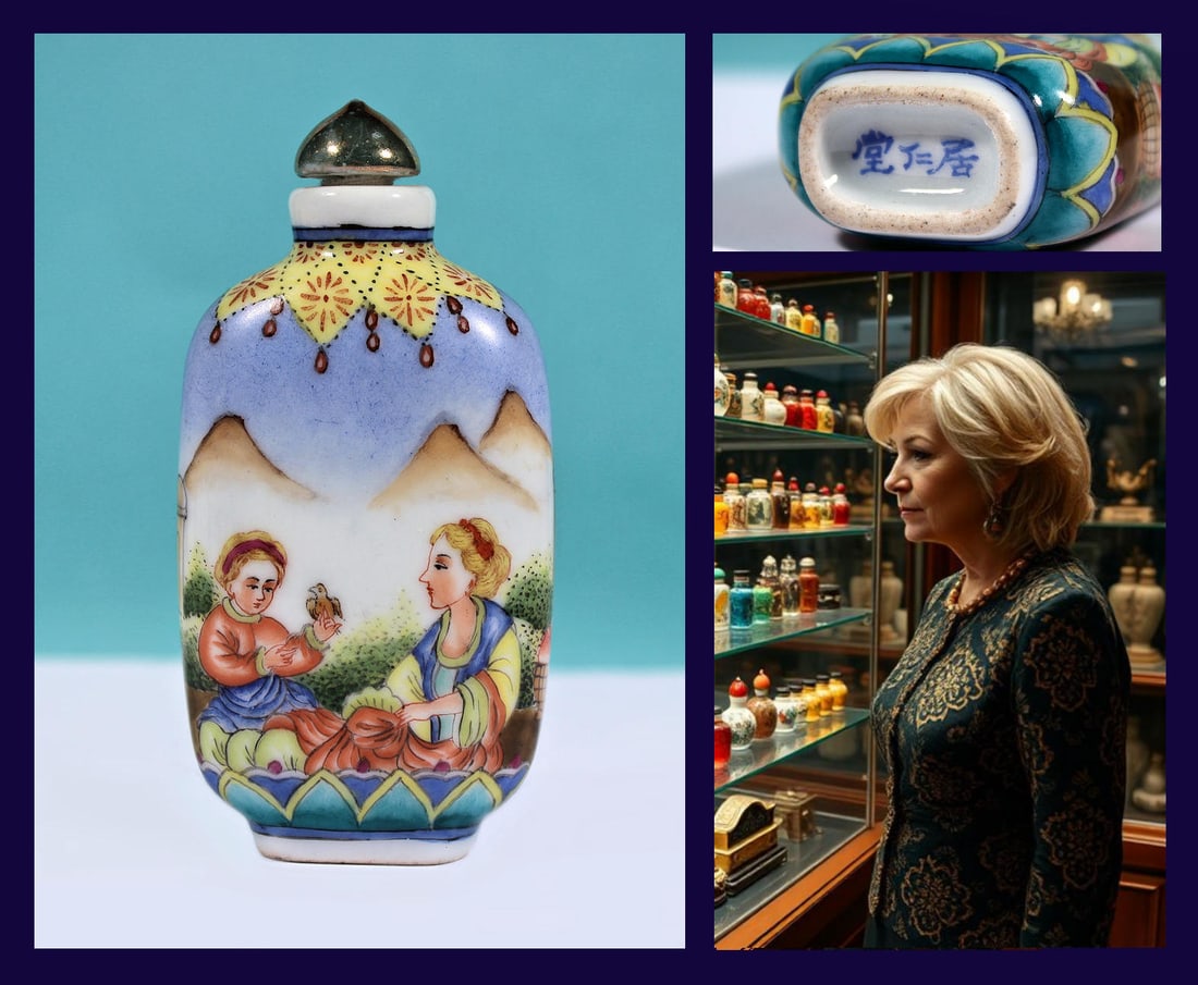 ANTIQUE SNUFF BOTTLE / HAND PAINTED PORCELAIN FAMILLE VERTE: RARE FAMILLE VERTE 3-1/8" Inch Hand Painted Porcelain Export Snuff Bottle. In excellent condition and a masterpiece of Chinese applied arts. The bottle features magnificent craftsmanship, lively color