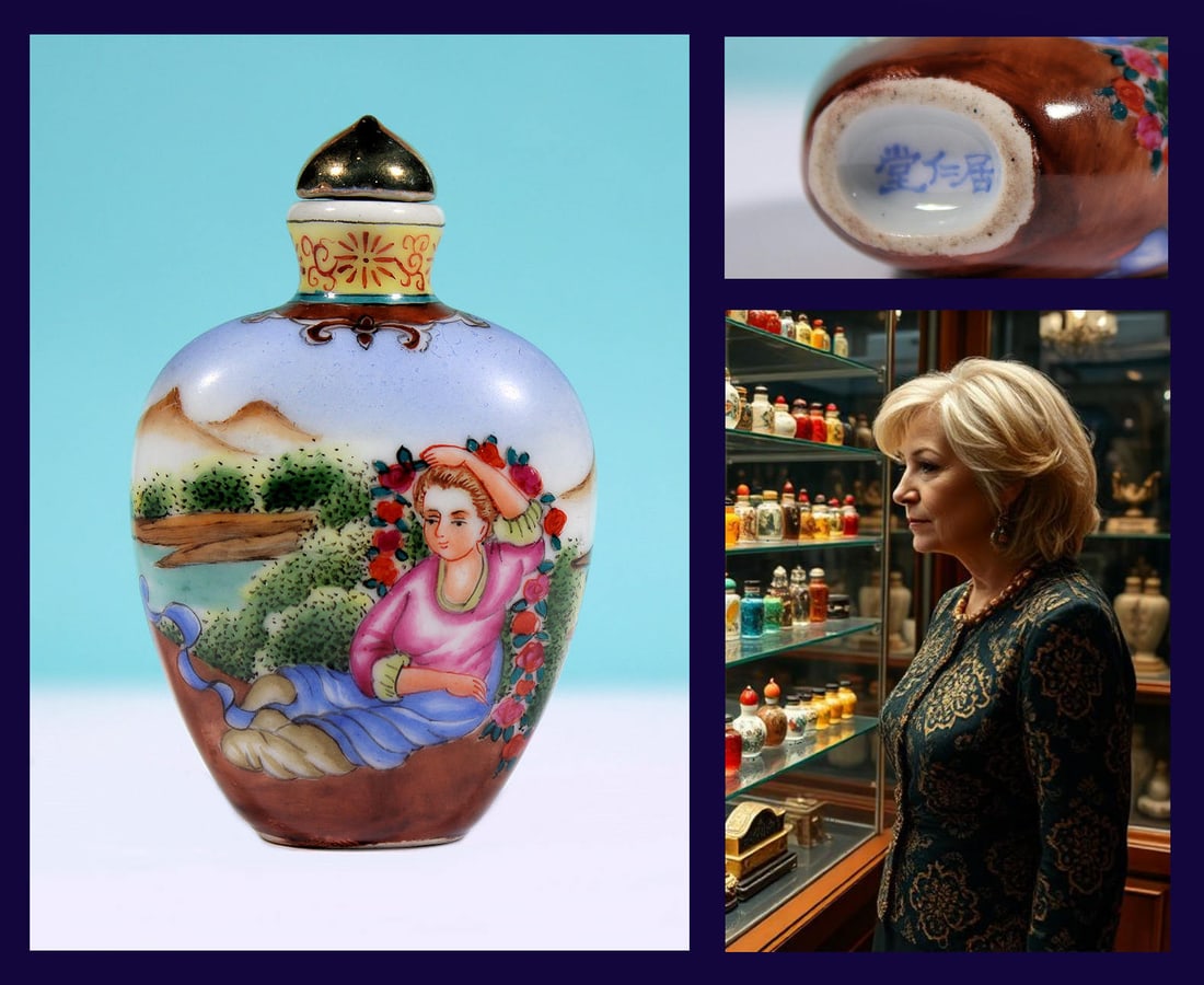 ANTIQUE SNUFF BOTTLE / HAND PAINTED PORCELAIN REPUBLIC OF CHINA FAMILLE VERTE: RARE FAMILLE VERTE 2-3/4" Inch Hand Painted Porcelain Export Snuff Bottle. In excellent condition and a masterpiece of Chinese applied arts. The bottle features magnificent craftsmanship, lively color